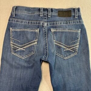 BKE Buckle Jake Straight Jeans Men 29x33 Blue Faded Whiskered Distressed Stretch